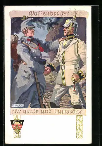 Künstler-AK Karl Alex Wilke: Waffenbrüder, Zwei Soldaten geben sich die Hand