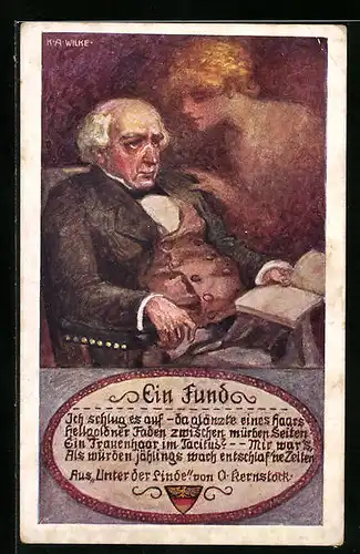 Künstler-AK Karl Alex Wilke: Ein Fund, Ich schlug es auf..., Aus Unter der Linde von O. Kernstock, Älterer Herr mit Buch