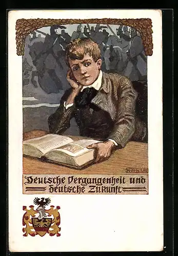 Künstler-AK Karl Alex Wilke: Junge mit einem Buch, Im Hintergrund Soldaten