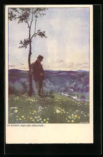 Künstler-AK Ernst Kutzer: In einem kühlen Grunde, Wanderer schaut ins Tal