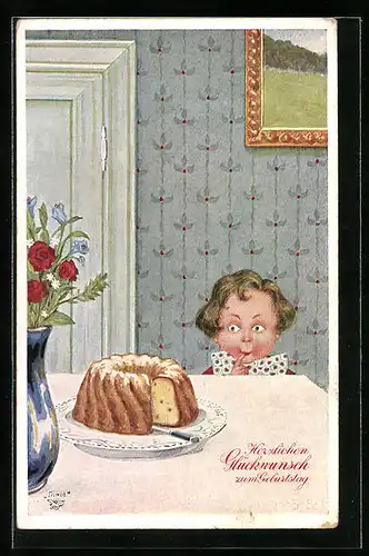 Künstler-AK H.S.B.: Junge vor Kuchen auf dem Tisch, Geburtstagsgruss