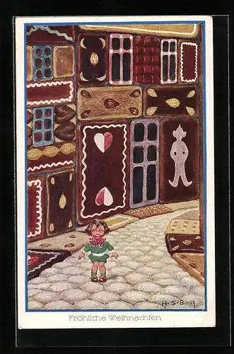 Künstler-AK H.S.B.: Kind vor einem Lebkuchenhaus, Weihnachtsgruss