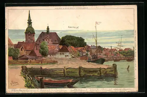 Künstler-AK Carl Biese: Kappeln, Ortsansicht mit Strasse am Hafen