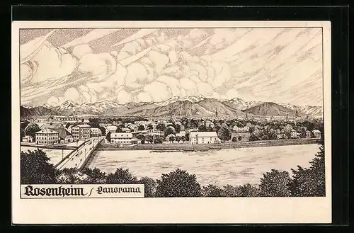 Künstler-AK Rosenheim, Panorama der Stadt