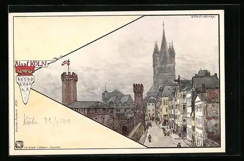 Lithographie Köln, Strassenpartie mit Martinskirche, Wappen