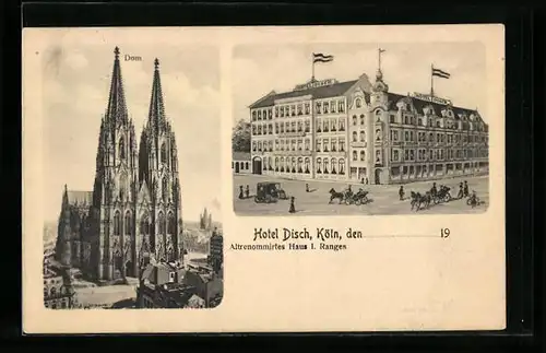 AK Köln, Dom und Hotel Disch mit Strasse