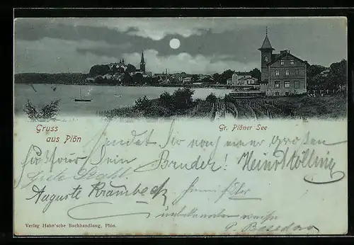 Mondschein-AK Plön, Grosser Plöner See mit Ortsblick