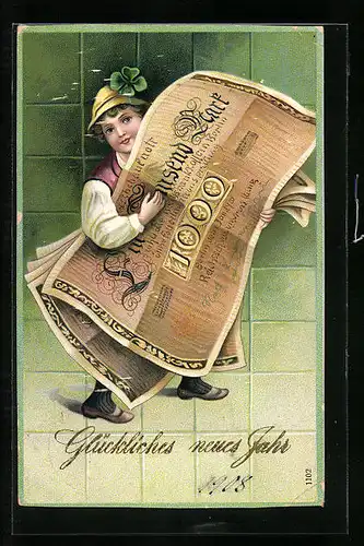 AK Knabe mit grosser Banknote, Neujahrsgruss