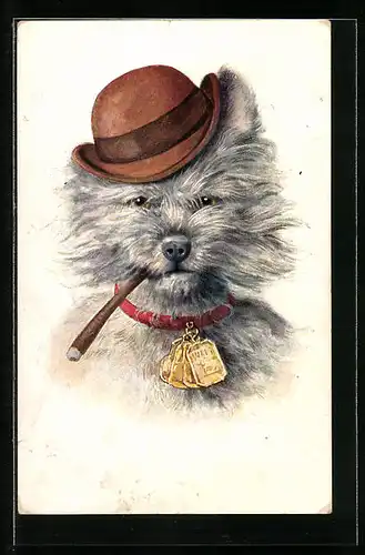 Künstler-AK Hund mit Melone und Zigarre, vermenschlichte Tiere