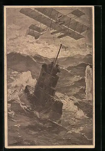 Künstler-AK Robert Kämmerer: Kampf zwischen Flieger und U-Boot