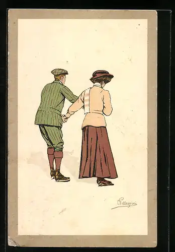 Künstler-AK Carlo Pellegrini: Paar läuft händchenhaltend Schlittschuhe
