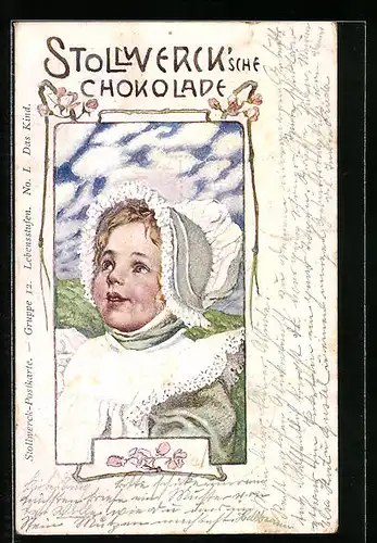 Künstler-AK Reklame für Stollwercksche Chokolade, Kleinkind mit Haube