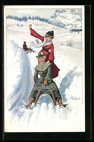 Künstler-AK Fritz Quidenus: Mutter und Tochter bei rasanter Schlittenfahrt