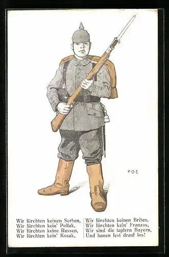 Künstler-AK P. O. Engelhard (P.O.E.): Feldgrauer mit Pickelhaube fürchtet keinen Feind