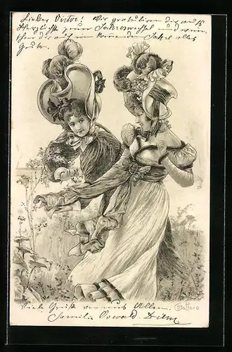 Künstler-AK E. Bottaro: Zwei hübsche junge Frauen vergnügen sich auf einer Sommerwiese