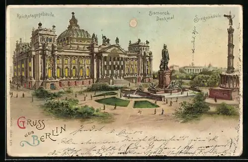 Lithographie Berlin, Reichstag, Bismarckdenkmal und Siegessäule, Halt gegen das Licht