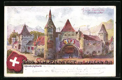 Künstler-AK Luzern, Eidg. Schützenfest 1901, Grosse Festhalle, Wappen der Schweiz