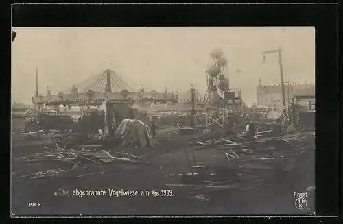 AK Dresden, Dresdener Vogelwiese nach dem Brand von 1909, Karussells und Trümmer