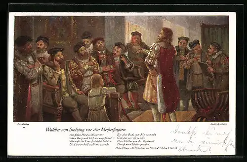 Künstler-AK Bayreuth, Walther von Stolzing vor den Meistersingern