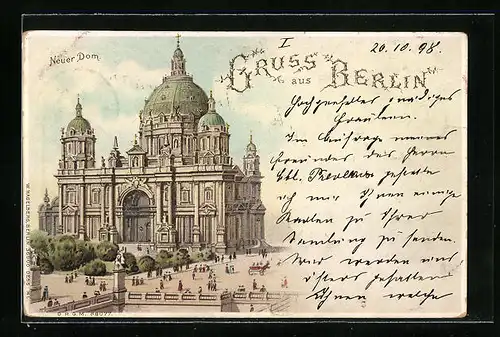 Lithographie Berlin, Neuer Dom mit Strasse, Halt gegen das Licht