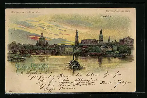 Lithographie Dresden, Panorama der Stadt hinter Elbbrücke, Halt gegen das Licht