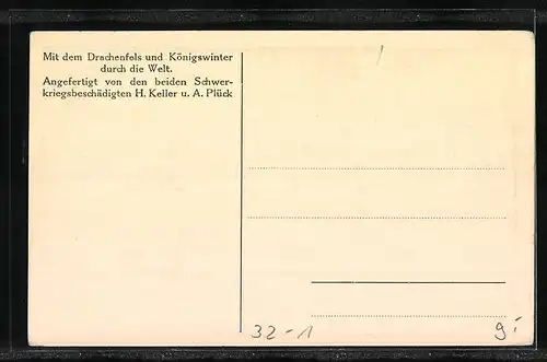 AK Wagen mit Drachenfels und Königswinter im Modell, angefertigt von zwei Kriegsversehrten, Weltreise