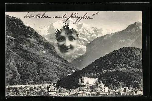 AK Interlaken, Ortsansicht mit Jungfrau, Berg mit Gesicht, Berggesichter