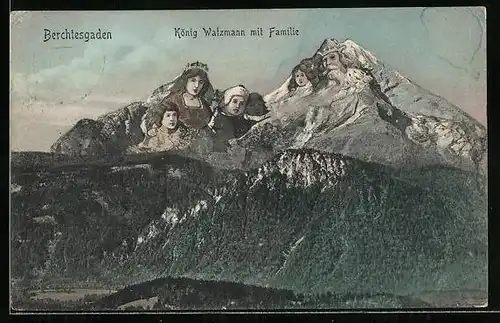 Künstler-AK Berchtesgaden, König Watzmann mit Familie, Berggesichter