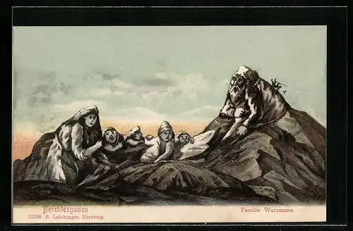 Künstler-AK Berchtesgaden, König Watzmann und Familie, Berggesichter