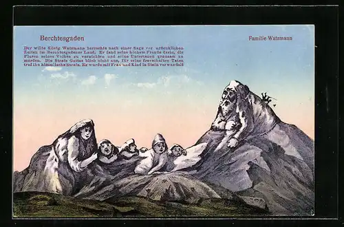 Künstler-AK Berchtesgaden, Der wilde König Watzmann mit Familie, Berggesichter