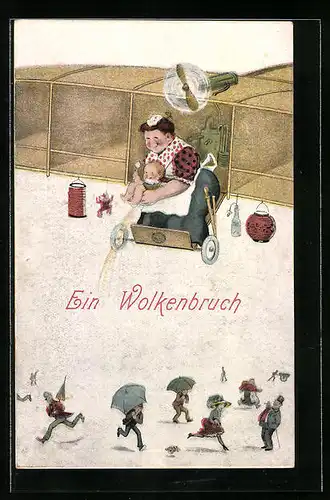 AK Baby pullert aus Flugzeug auf Leute mit Schirm