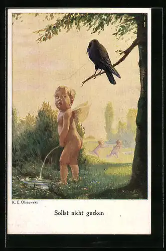 Künstler-AK Urinierender Knabe und Rabe, Toilettenhumor