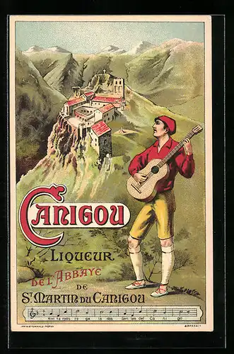 Künstler-AK Reklame Liqueur del Abbaye, St. Martin du Carnigou, Sänger über Abtei in den Bergen