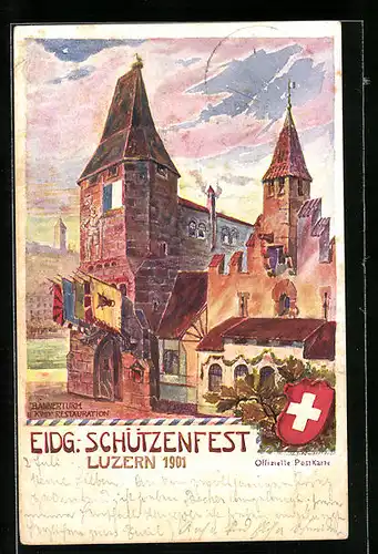 Künstler-AK Luzern, Schützenfest 1901, Bannerturm und kleine Restauration, Wappen
