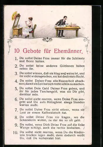 Künstler-AK 10 Gebote für Ehemänner, Frau bei der Toilette, Mann am Wickeltisch