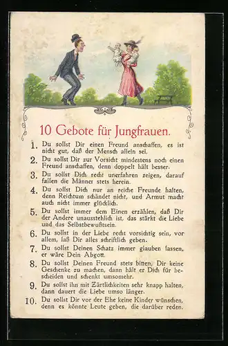 Künstler-AK 10 Gebote für Jungfrauen, Frau zeigt erschrecktem Mann Kinder