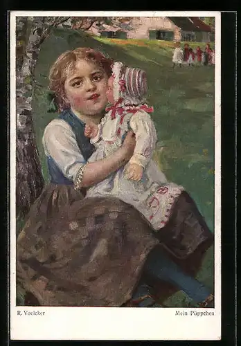 Künstler-AK Mein Püppchen, Mädchen mit Puppe im Garten