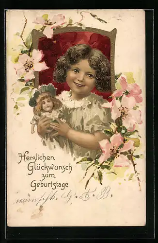 Präge-AK Mädchen mit Puppe, Geburtstagsgruss
