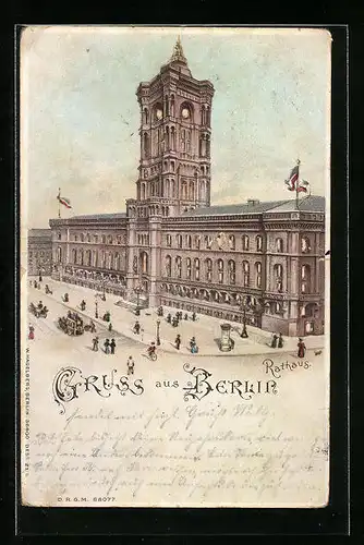 Lithographie Berlin, Rathaus mit Strasse aus der Vogelschau, Halt gegen das Licht