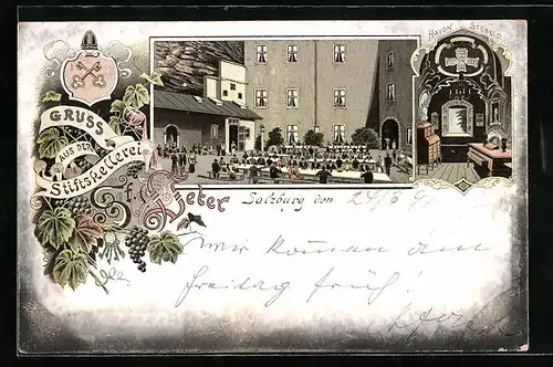 Vorläufer-Lithographie Salzburg, 1895, Gasthaus Stiftskellerei St. Peter, Inneres Haydn-Stübel