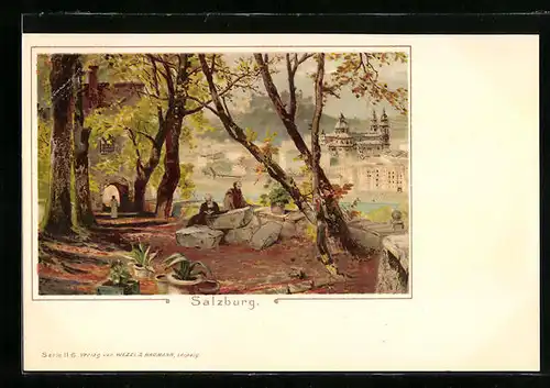 Lithographie Salzburg, Ortspartie mit Tor