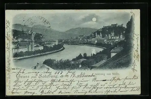 Mondschein-AK Salzburg, Uferpartie mit Kirche von Mülln