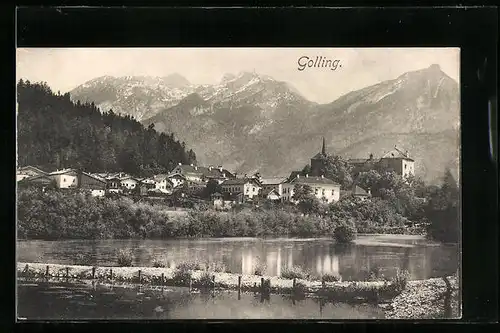 AK Golling, Uferpartie mit Bergen