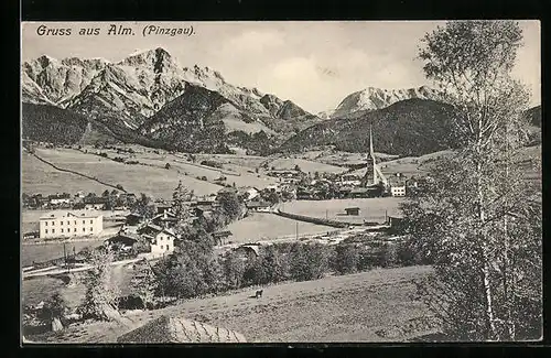 AK Alm /Pinzgau, Panorama mit Kirche