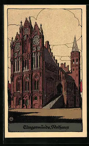 Steindruck-AK Tangermünde, Blick zum Rathaus