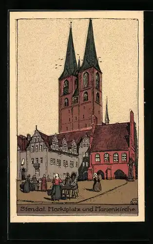 Steindruck-AK Stendal, Marktplatz und Marienkirche