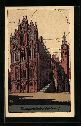 Steindruck-AK Tangermünde, Blick zum Rathaus