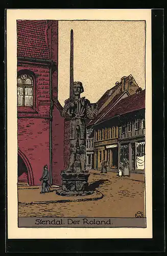 Steindruck-AK Stendal, Der Roland