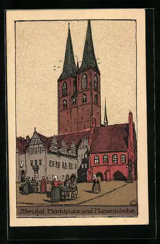 Steindruck-AK Stendal, Marktplatz und Marienkirche