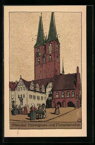 Steindruck-AK Stendal, Marktplatz und Marienkirche